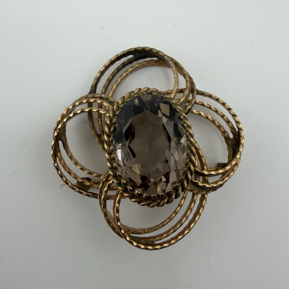 Vintage Winard 12k Gold Fill and Oval Cut Smoky Quartz Twisted Knot Brooch Pin